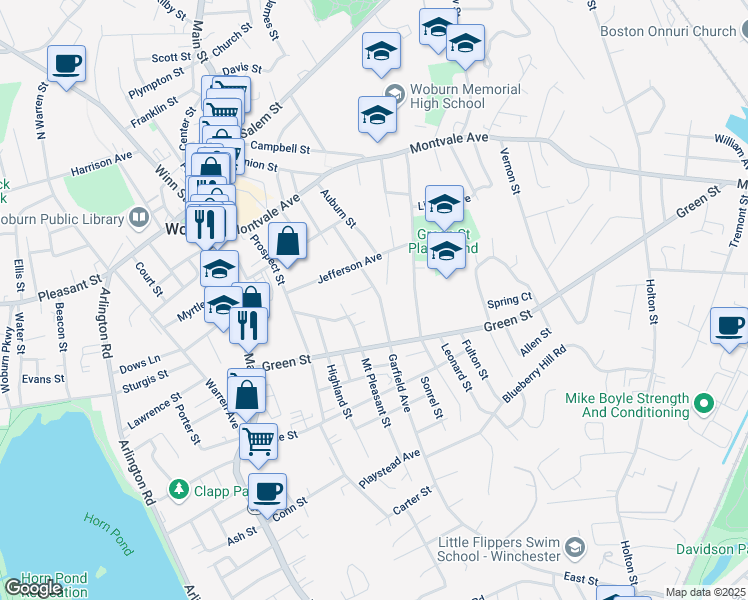 map of restaurants, bars, coffee shops, grocery stores, and more near 29 Garfield Avenue in Woburn