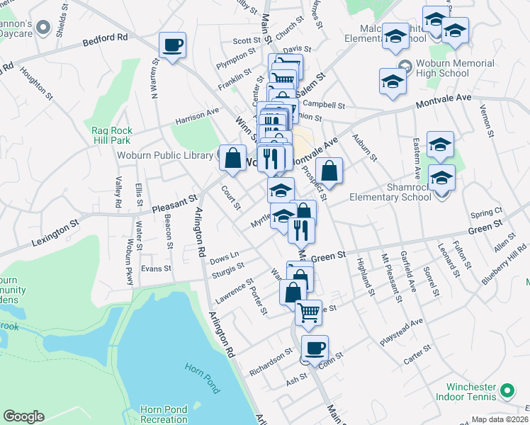 map of restaurants, bars, coffee shops, grocery stores, and more near 9 Myrtle Street in Woburn