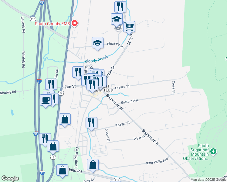 map of restaurants, bars, coffee shops, grocery stores, and more near 10 Graves Street in Deerfield