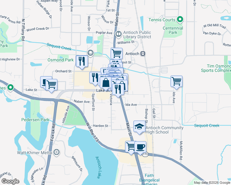 map of restaurants, bars, coffee shops, grocery stores, and more near 386 Channel Lake Road in Antioch
