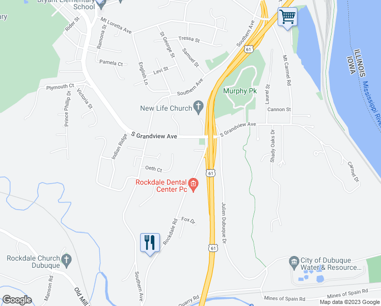 map of restaurants, bars, coffee shops, grocery stores, and more near 1495 Oeth Court in Dubuque