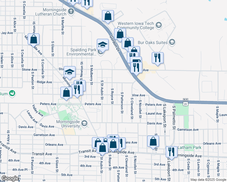 map of restaurants, bars, coffee shops, grocery stores, and more near 1326 South Royce Street in Sioux City