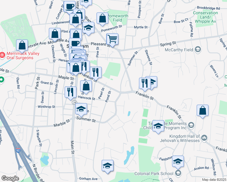 map of restaurants, bars, coffee shops, grocery stores, and more near 99 Franklin Street in Stoneham