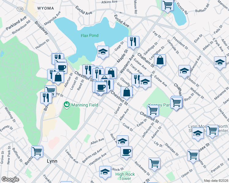 map of restaurants, bars, coffee shops, grocery stores, and more near 501 Chestnut Street in Lynn