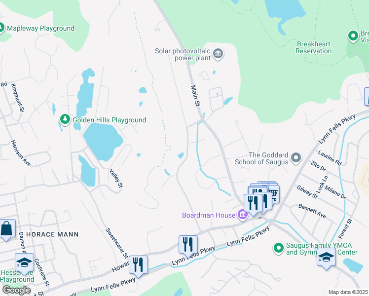 map of restaurants, bars, coffee shops, grocery stores, and more near 40 Juniper Drive in Saugus