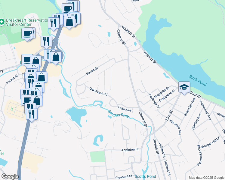 map of restaurants, bars, coffee shops, grocery stores, and more near 18 Jane Drive in Saugus
