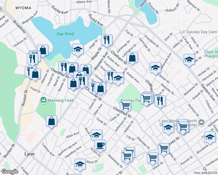 map of restaurants, bars, coffee shops, grocery stores, and more near 57 Clovelly Street in Lynn