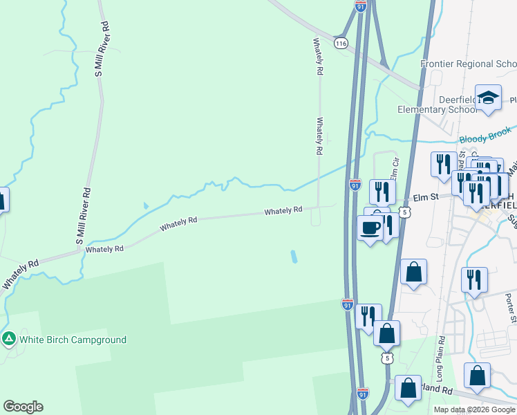 map of restaurants, bars, coffee shops, grocery stores, and more near 90 Whately Road in Deerfield