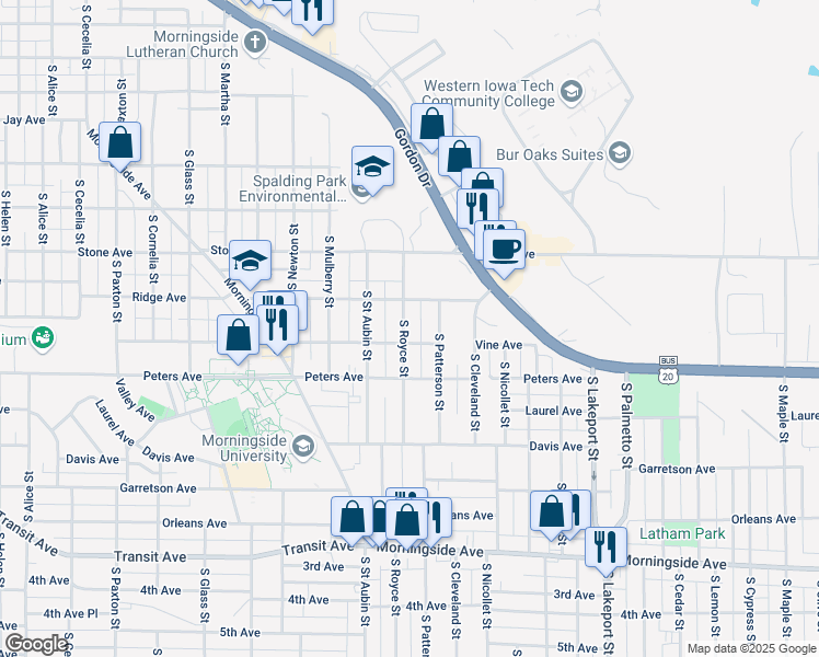 map of restaurants, bars, coffee shops, grocery stores, and more near 1326 South Royce Street in Sioux City