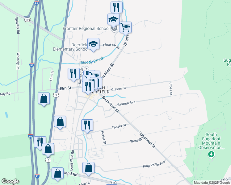map of restaurants, bars, coffee shops, grocery stores, and more near 10 Graves Street in Deerfield