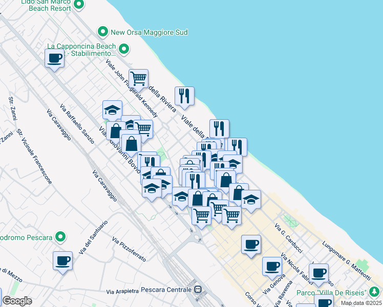 map of restaurants, bars, coffee shops, grocery stores, and more near 124 Viale Regina Margherita in Pescara