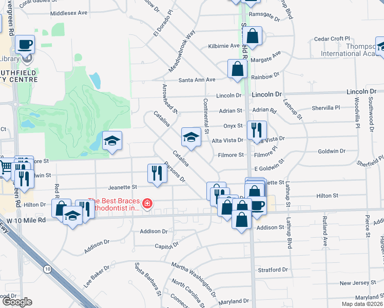 map of restaurants, bars, coffee shops, grocery stores, and more near 25575 Grand Concourse Street in Southfield