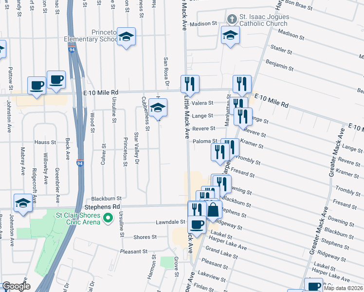 map of restaurants, bars, coffee shops, grocery stores, and more near 24625 Little Mack Avenue in St. Clair Shores