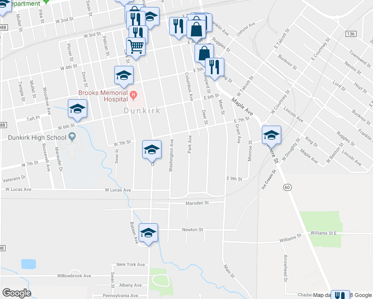map of restaurants, bars, coffee shops, grocery stores, and more near 741 Park Avenue in Dunkirk