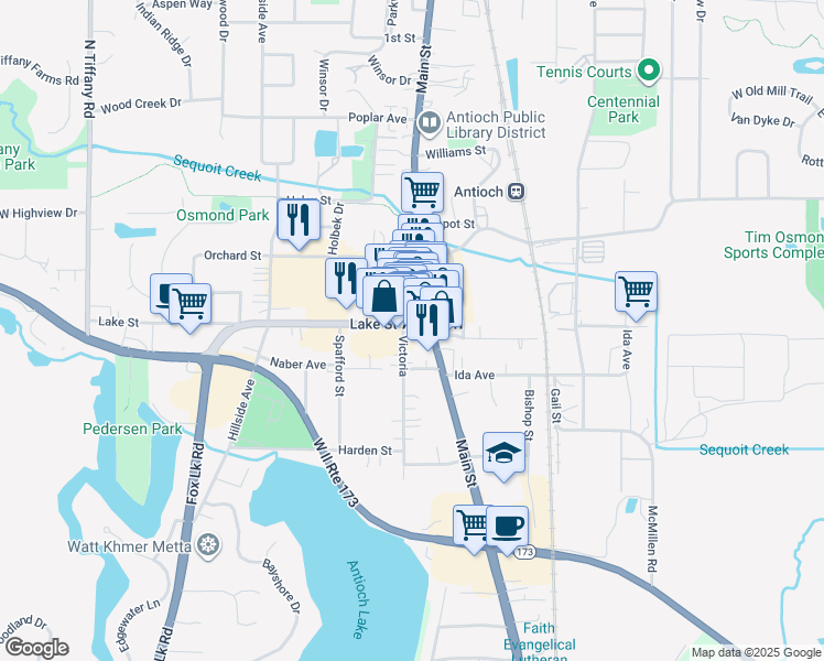 map of restaurants, bars, coffee shops, grocery stores, and more near 386 Channel Lake Rd in Antioch