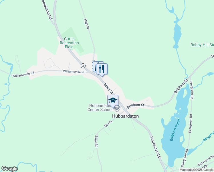 map of restaurants, bars, coffee shops, grocery stores, and more near 26 Main Street in Hubbardston