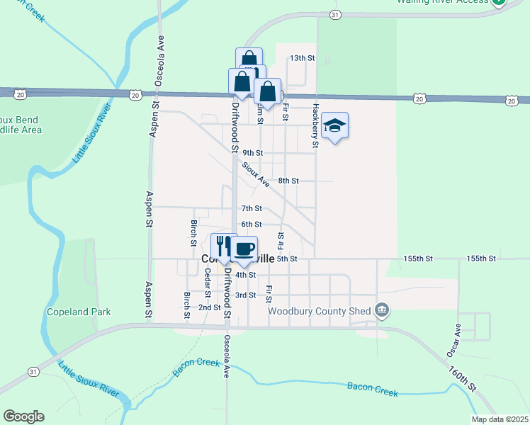 map of restaurants, bars, coffee shops, grocery stores, and more near 502 7th Street in Correctionville