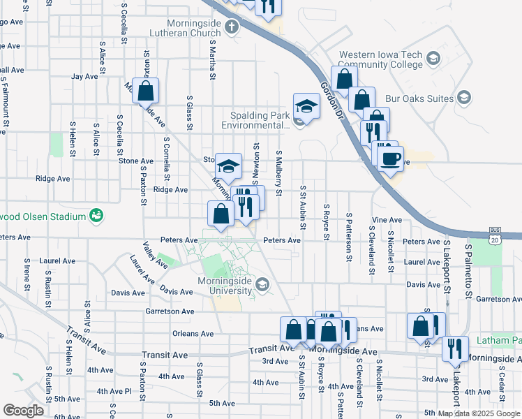 map of restaurants, bars, coffee shops, grocery stores, and more near 1322 South Newton Street in Sioux City