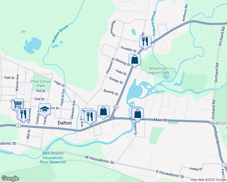 map of restaurants, bars, coffee shops, grocery stores, and more near 38 Beverly Street in Dalton