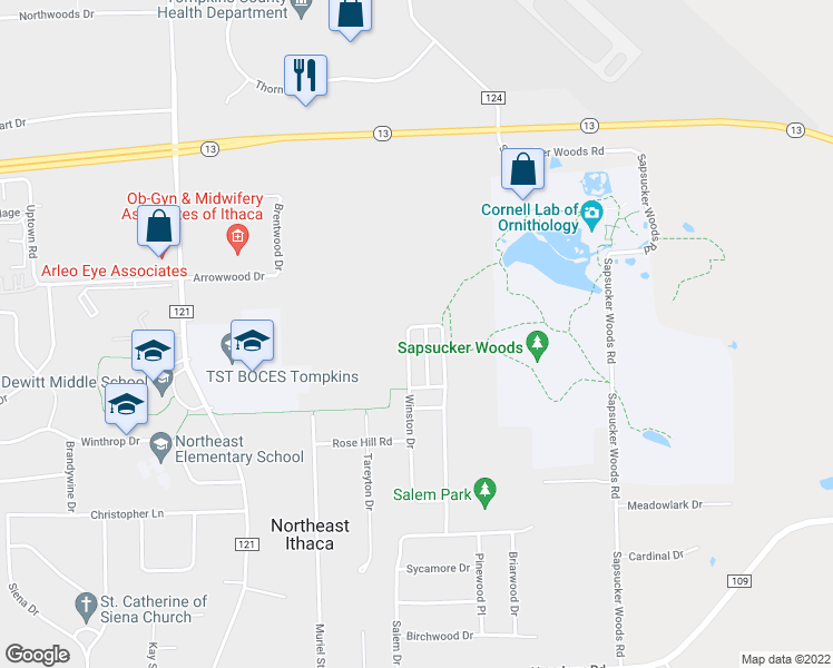 map of restaurants, bars, coffee shops, grocery stores, and more near 611 Winston Ct in Ithaca