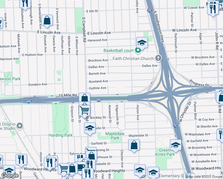 map of restaurants, bars, coffee shops, grocery stores, and more near 2026 Guthrie Avenue in Royal Oak