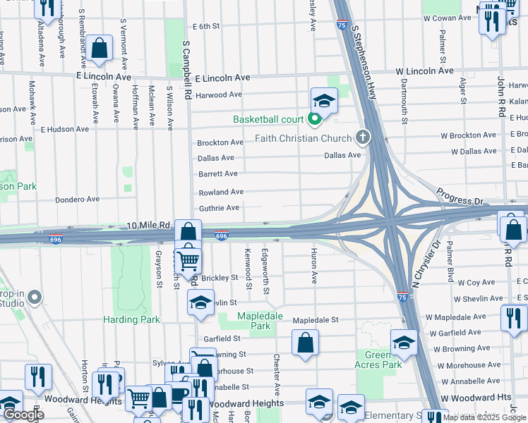 map of restaurants, bars, coffee shops, grocery stores, and more near 2026 Guthrie Avenue in Royal Oak