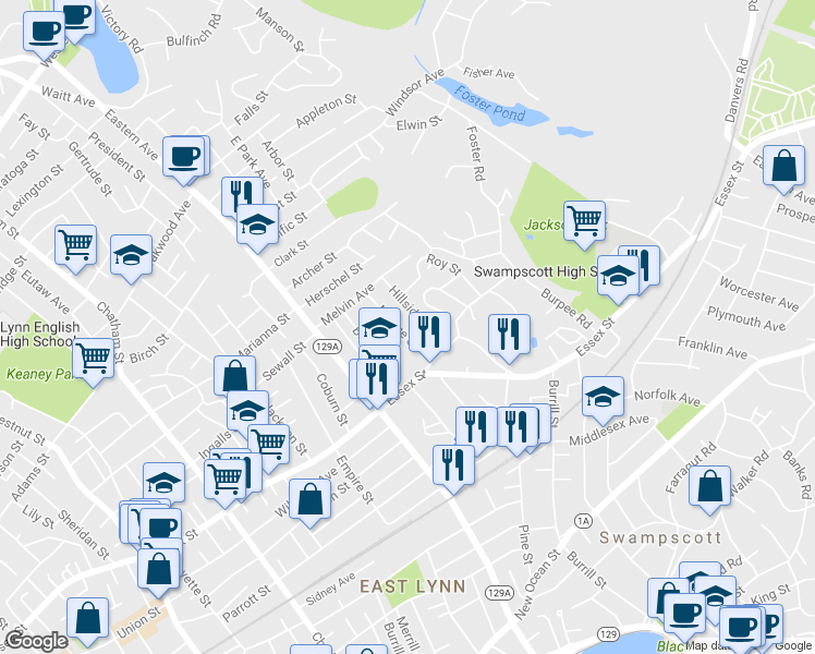 map of restaurants, bars, coffee shops, grocery stores, and more near 35 Mudge Street in Lynn