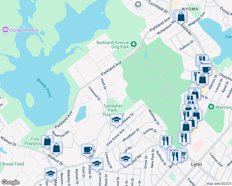 map of restaurants, bars, coffee shops, grocery stores, and more near 25 Stangus Rd in Lynn