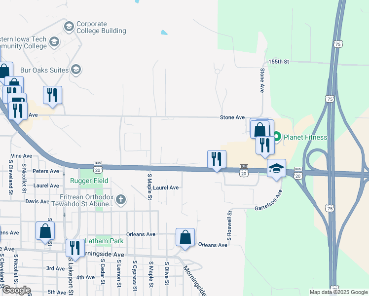 map of restaurants, bars, coffee shops, grocery stores, and more near 5501 Gordon Drive in Sioux City