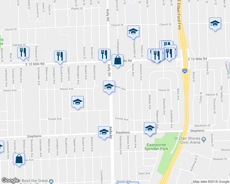 map of restaurants, bars, coffee shops, grocery stores, and more near 24690 Kelly Road in Eastpointe