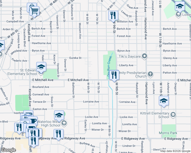 map of restaurants, bars, coffee shops, grocery stores, and more near 1952 West 7th Street in Waterloo