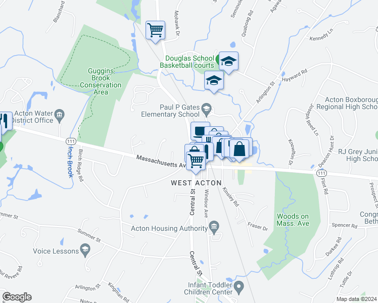 map of restaurants, bars, coffee shops, grocery stores, and more near 294 Central Street in Acton