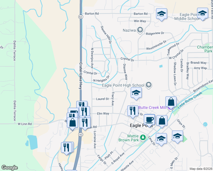 map of restaurants, bars, coffee shops, grocery stores, and more near 612 Clearview Way in Eagle Point