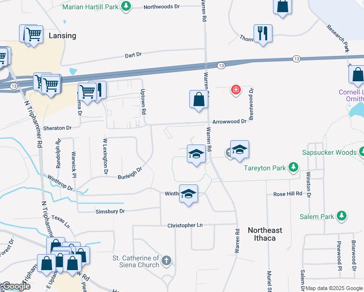 map of restaurants, bars, coffee shops, grocery stores, and more near 572 Warren Road in Ithaca