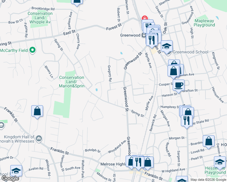 map of restaurants, bars, coffee shops, grocery stores, and more near 18 Marion Road in Wakefield