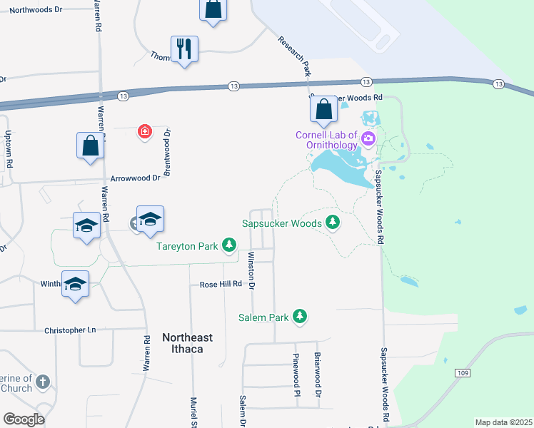 map of restaurants, bars, coffee shops, grocery stores, and more near 611 Winston Court in Ithaca