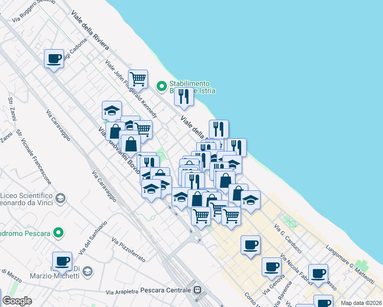 map of restaurants, bars, coffee shops, grocery stores, and more near 126 Viale Regina Margherita in Pescara