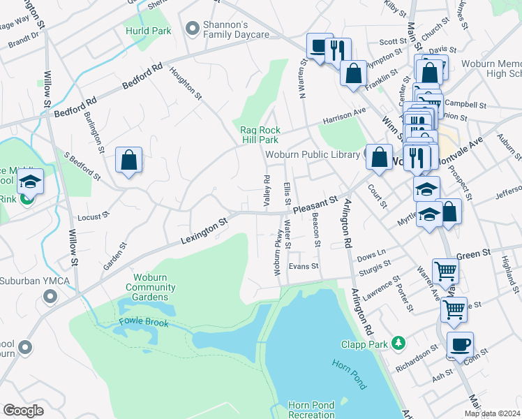 map of restaurants, bars, coffee shops, grocery stores, and more near 137 Pleasant Street in Woburn