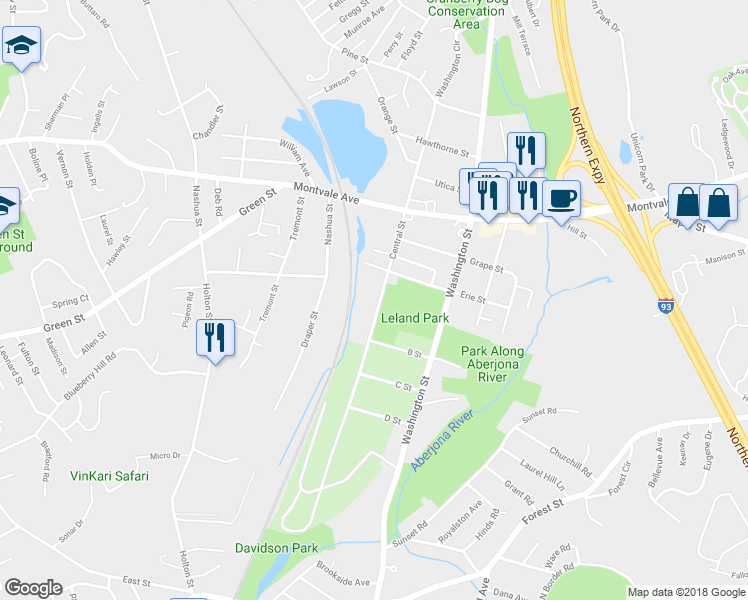 map of restaurants, bars, coffee shops, grocery stores, and more near 83 Central Street in Woburn