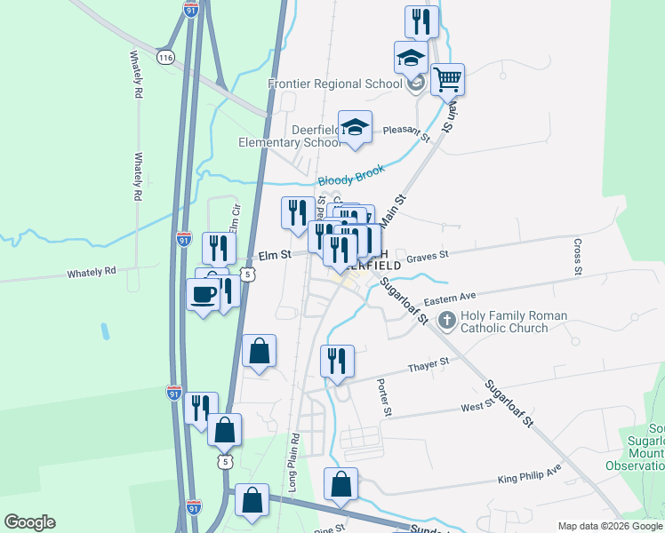 map of restaurants, bars, coffee shops, grocery stores, and more near 47 South Main Street in Deerfield