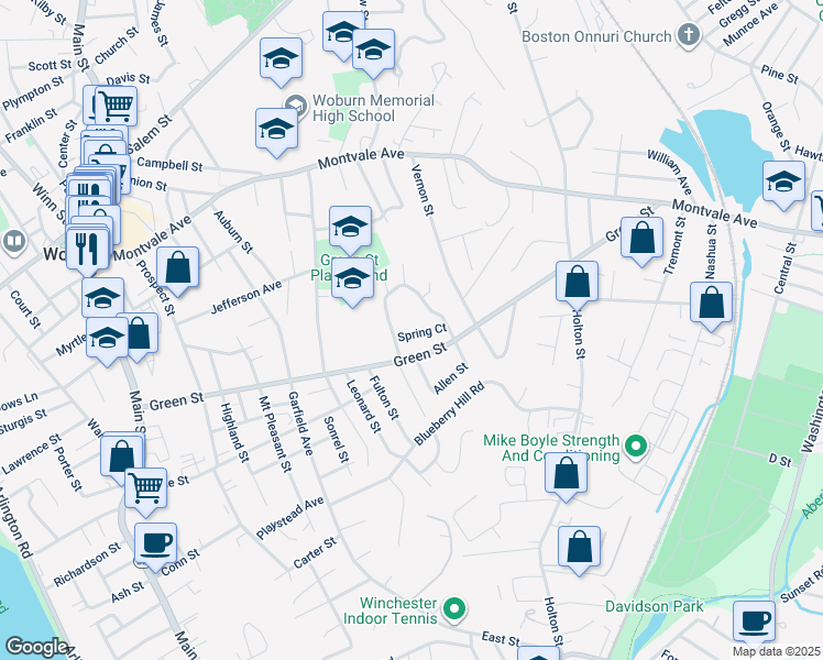 map of restaurants, bars, coffee shops, grocery stores, and more near 16 Spring Court in Woburn