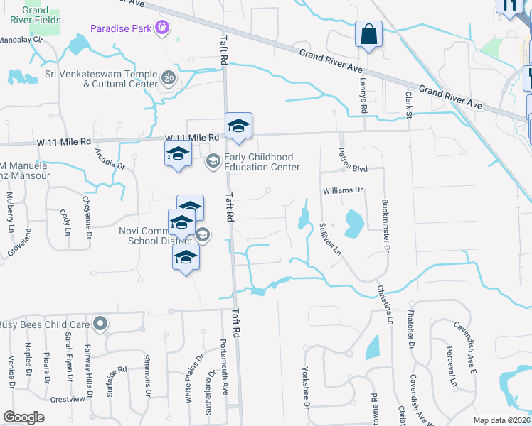 map of restaurants, bars, coffee shops, grocery stores, and more near 45254 Jacob Drive in Novi