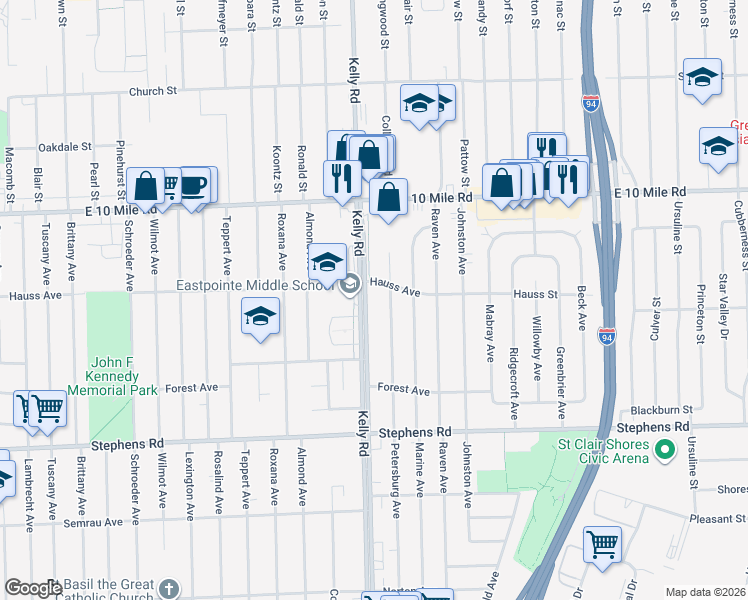 map of restaurants, bars, coffee shops, grocery stores, and more near 24690 Kelly Road in Eastpointe