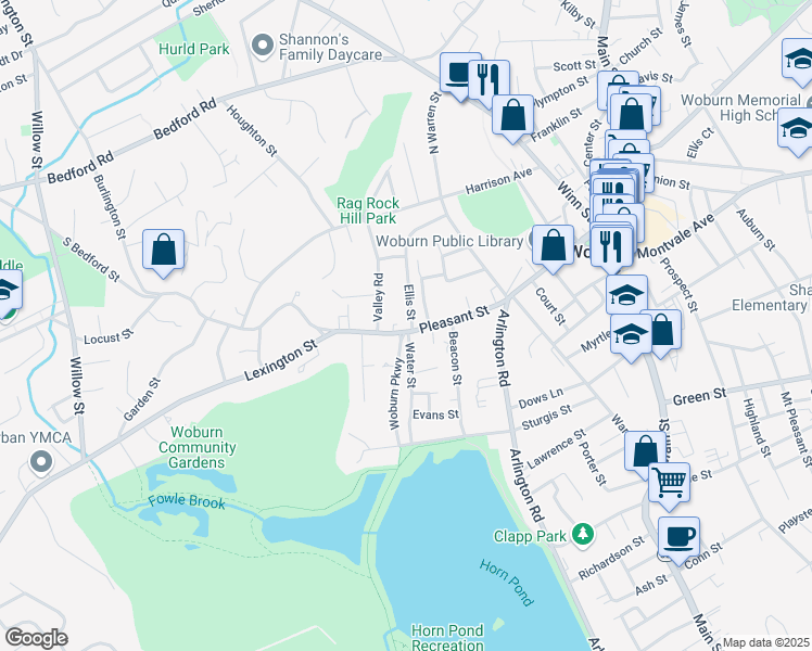 map of restaurants, bars, coffee shops, grocery stores, and more near 2 Ellis Street in Woburn