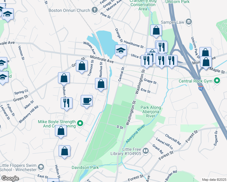 map of restaurants, bars, coffee shops, grocery stores, and more near 83 Central Street in Woburn