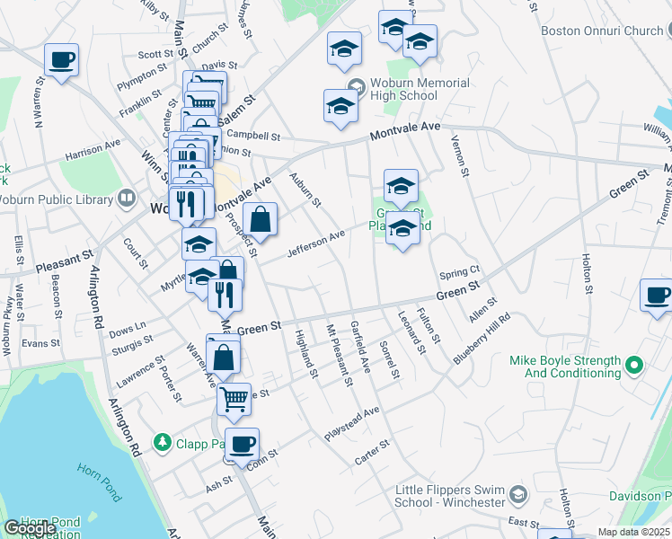 map of restaurants, bars, coffee shops, grocery stores, and more near 29 Garfield Avenue in Woburn