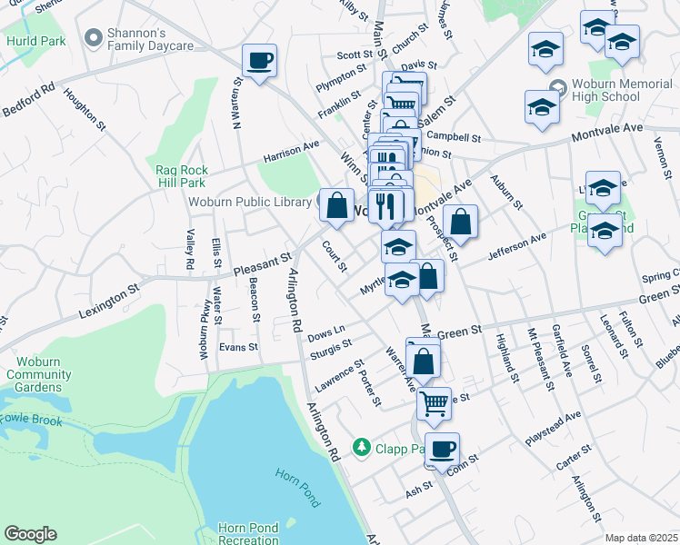 map of restaurants, bars, coffee shops, grocery stores, and more near 18 Warren Avenue in Woburn