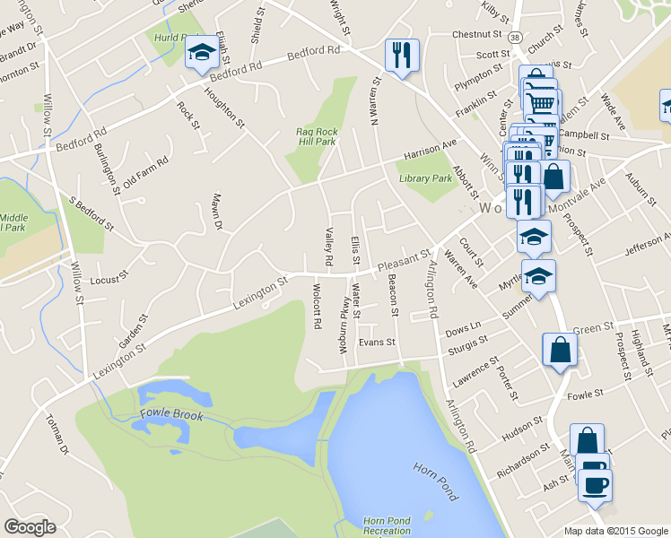 map of restaurants, bars, coffee shops, grocery stores, and more near 2 Ellis Street in Woburn
