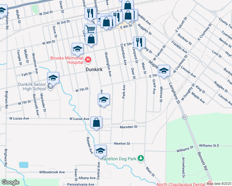 map of restaurants, bars, coffee shops, grocery stores, and more near 741 Park Avenue in Dunkirk
