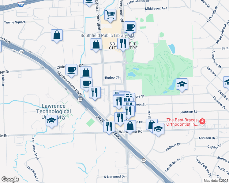 map of restaurants, bars, coffee shops, grocery stores, and more near 25536 Saint James in Southfield